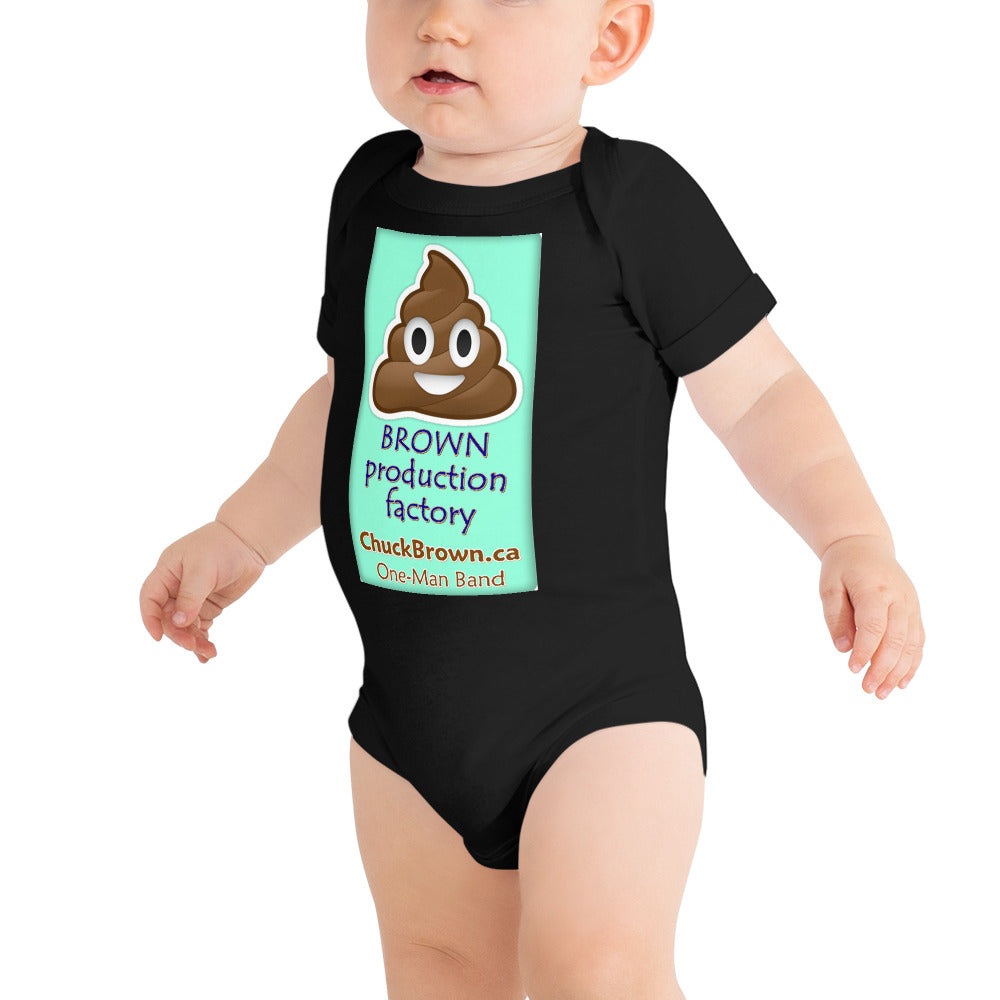 CB Baby-Grow: "Brown Production Factory" in BLUE logo