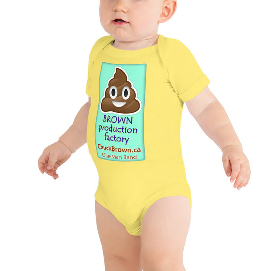 CB Baby-Grow: "Brown Production Factory" in BLUE logo
