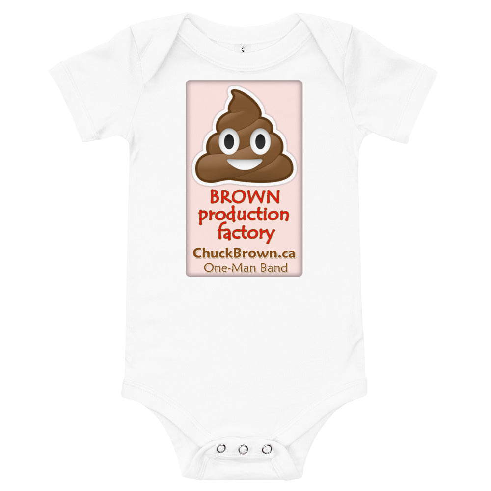 CB Baby-grow: "Brown Production Factory" in PINK logo